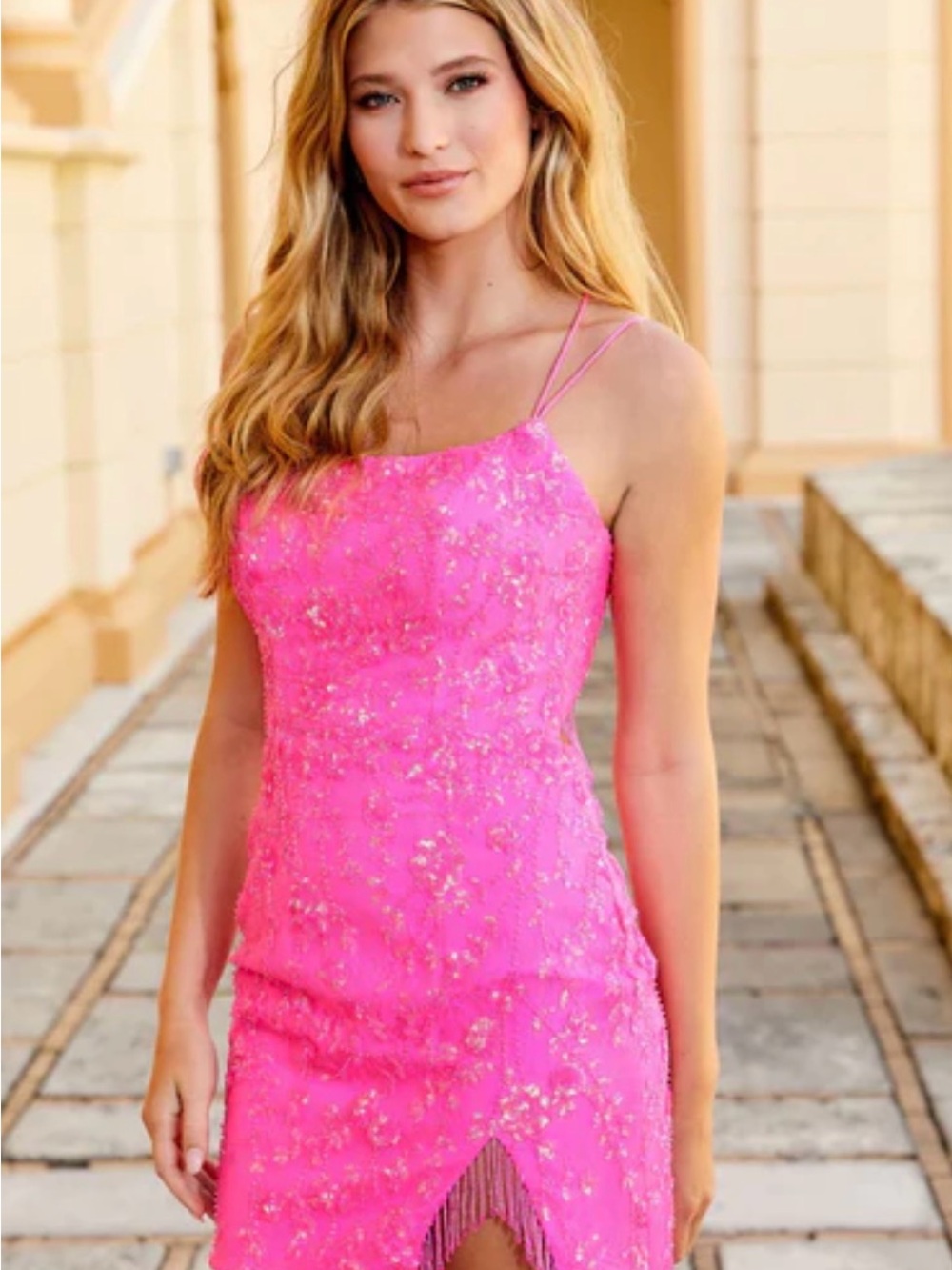 Hot Pink Beaded Mini Dress with Double Spaghetti Straps